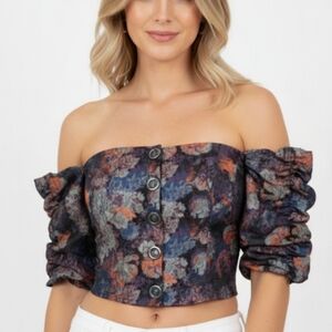 NEW H&M tapestry style baby doll ruffle sleeve floral off the shoulder blouse 2